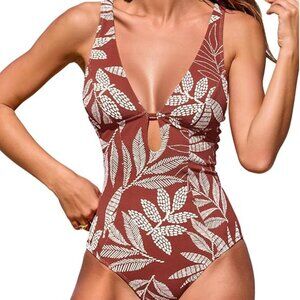 Textured Brown Tropical Cutout One Piece Swimsuit Deep V Halter Keyhole Design